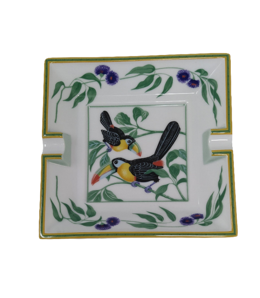 Hermes-paris Posacenere Ceramica Quadrato 15,5cm Coppia Tucani