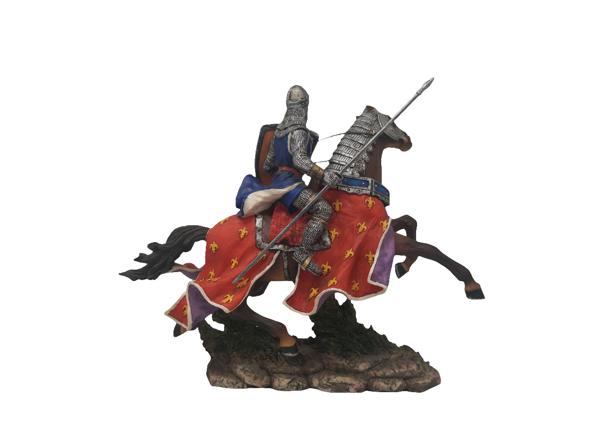 Scultura Cavaliere Crociato Resina Cavallo Drappo Rosso H 24cm