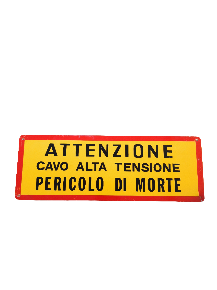Cartello 35,5x12,5 Metallo Anni 80/90 " Attenzione Cavo Alta Tensione"