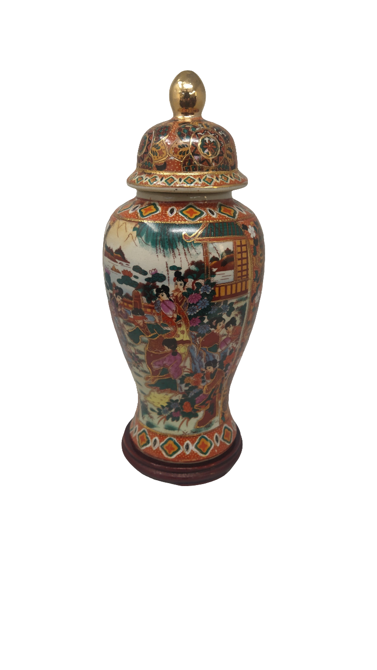 Vaso Cinese Con Coperchio Supporto Legno H. 32cm