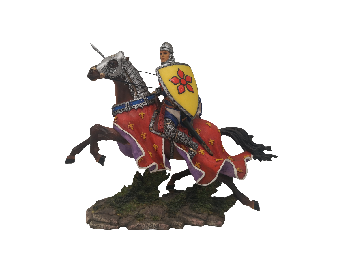 Scultura Cavaliere Crociato Resina Cavallo Drappo Rosso H 24cm