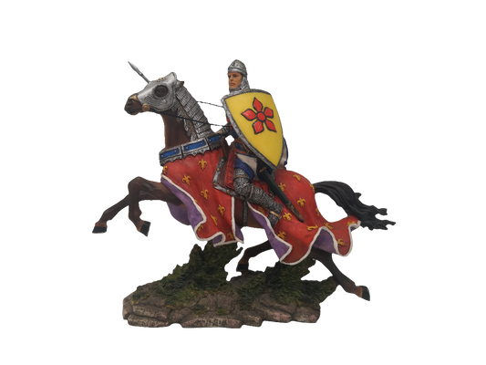 Scultura Cavaliere Crociato Resina Cavallo Drappo Rosso H 24cm
