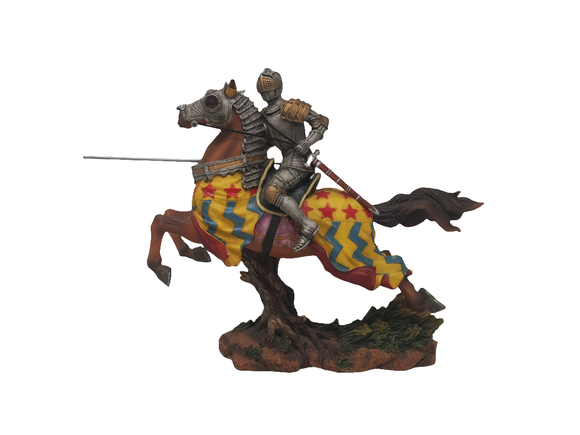 Scultura Cavaliere In Armatura Resina Cavallo Drappio Colorato Giallo/rosso/blu H 23,5cm
