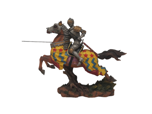 Scultura Cavaliere In Armatura Resina Cavallo Drappio Colorato Giallo/rosso/blu H 23,5cm