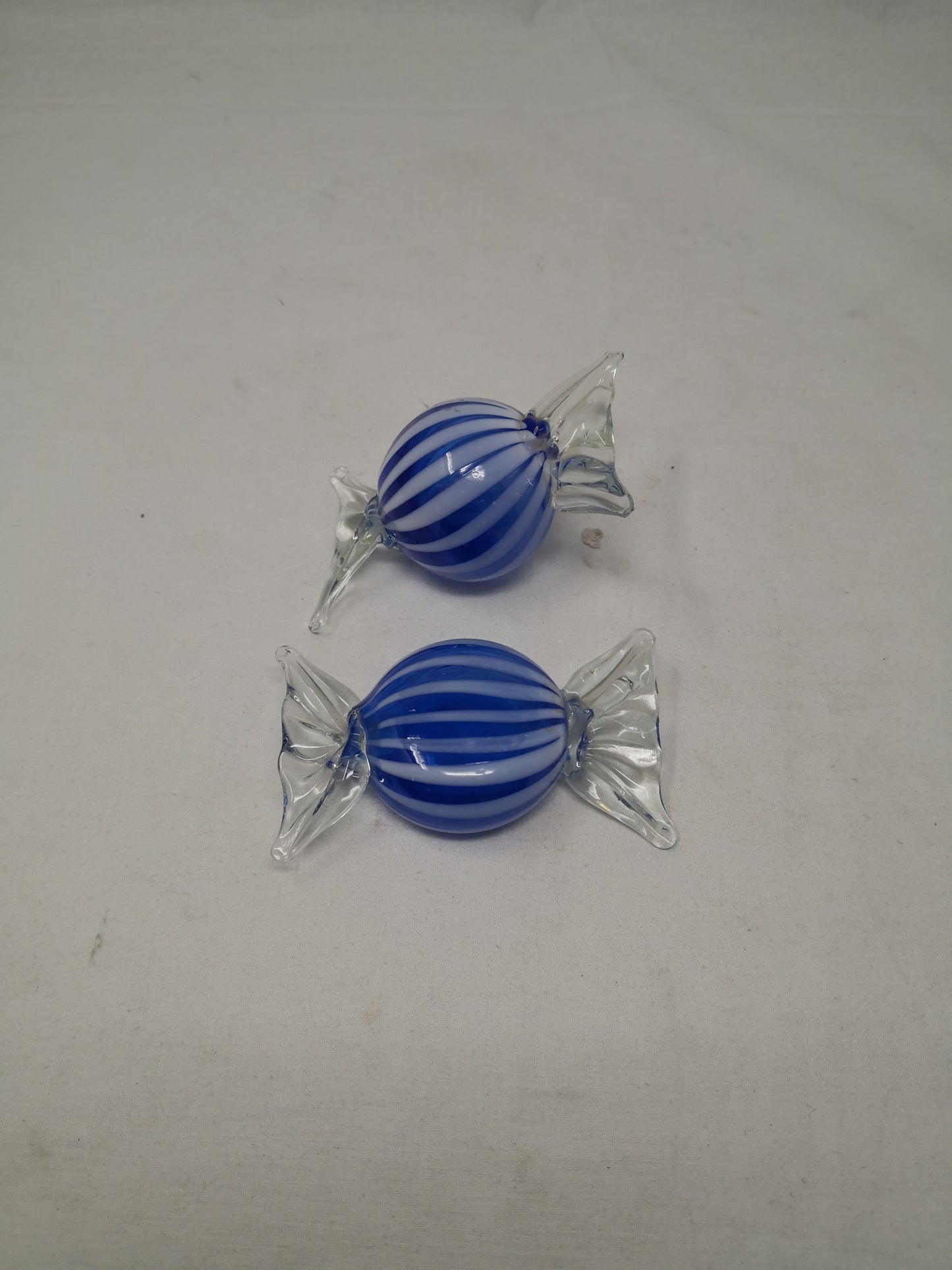 Coppia Caramella Vetro Murano Tonda Appiattita Strisce Blu Grandi
