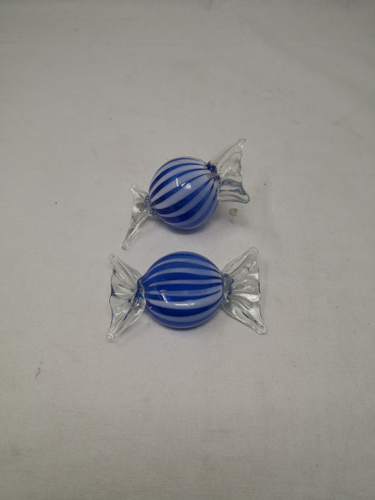 Coppia Caramella Vetro Murano Tonda Appiattita Strisce Blu Grandi