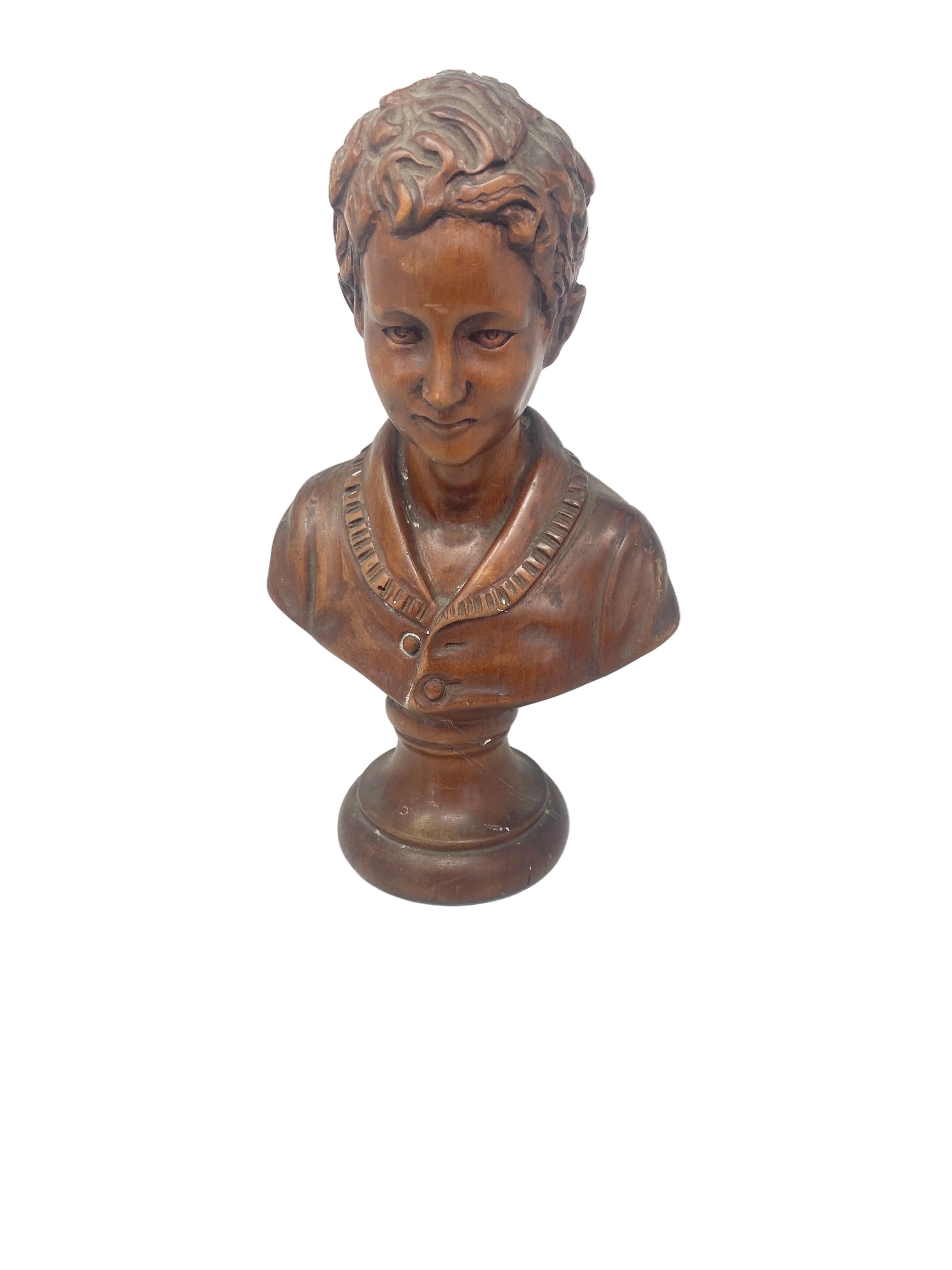 Scultura Legno Busto Bambino H 32cm