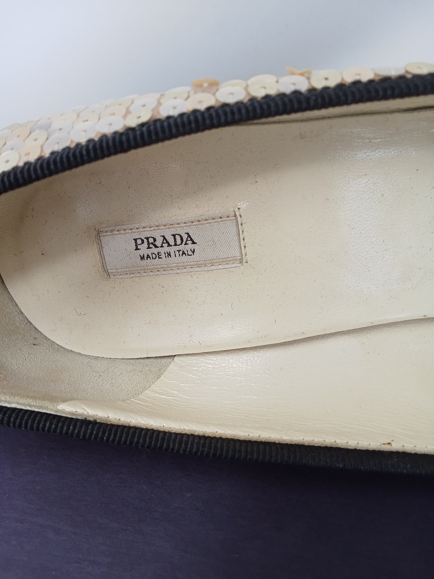 Prada Decolte nero beige paiett fiocco 37.5