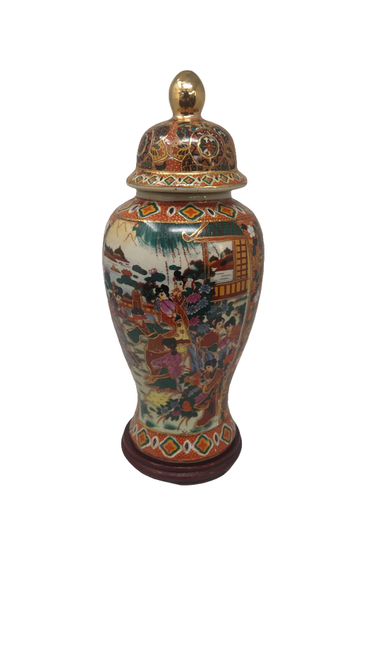 Vaso Cinese Con Coperchio Supporto Legno H. 32cm