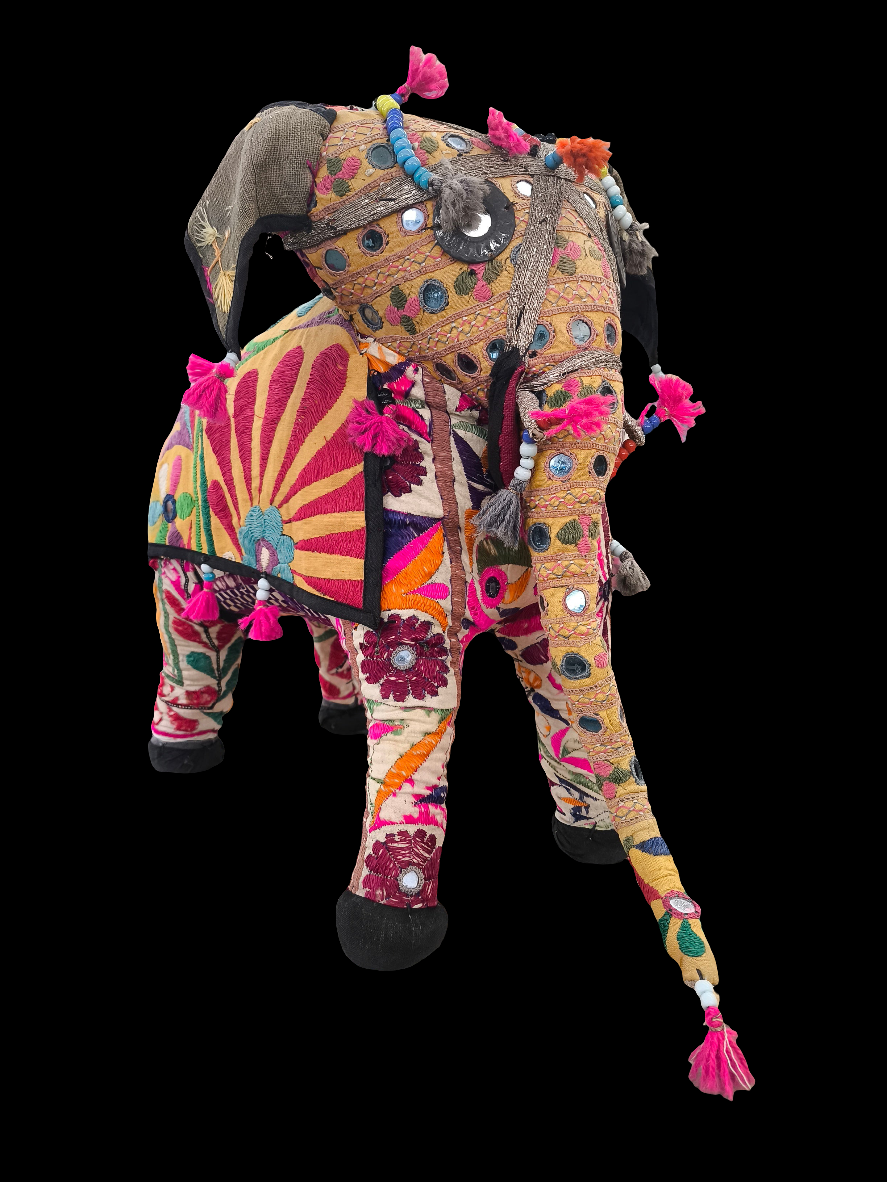 Elefante Decorativo Indiano In Tessuto E Legno Finemente Ricamato H.48cm