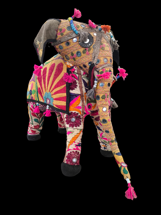 Elefante Decorativo Indiano In Tessuto E Legno Finemente Ricamato H.48cm