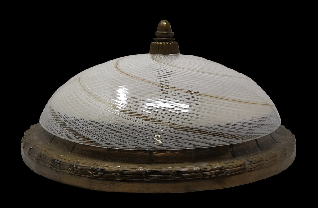 Plafoniera Vetro Murano Reticello E Avventurina Base Ottone Bronzato Anni '40