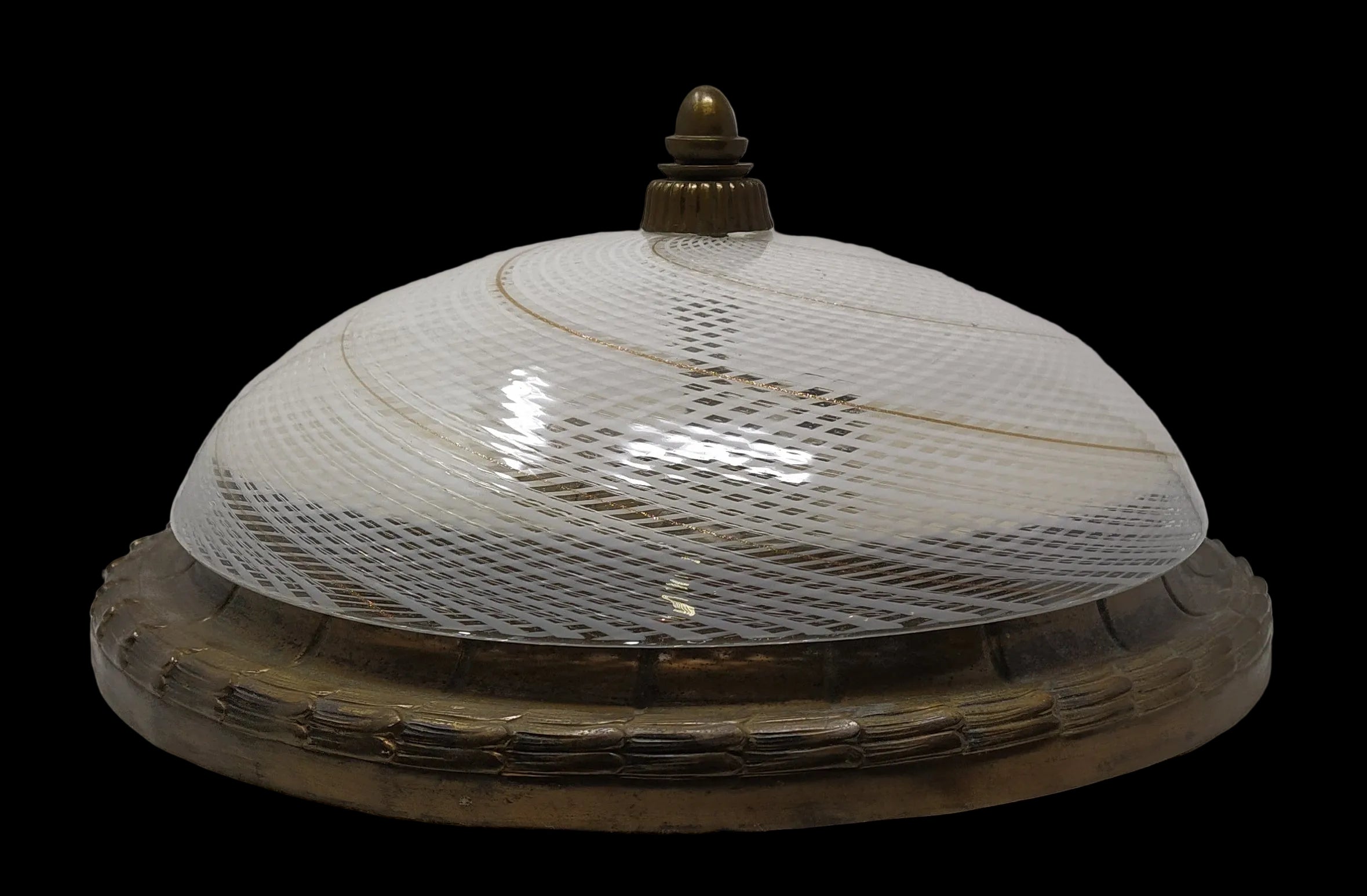 Plafoniera Vetro Murano Reticello E Avventurina Base Ottone Bronzato Anni '40