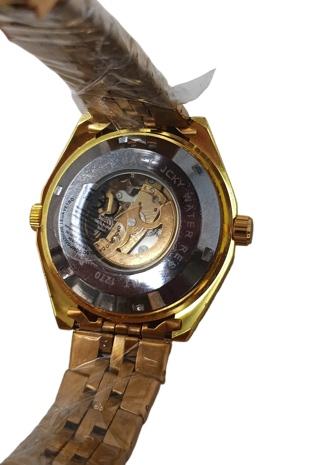 Jcky Time Orologio Automatico Cinturino Acciaio Dorato Ingranaggi Dorati Quadrante Bianco Numerato