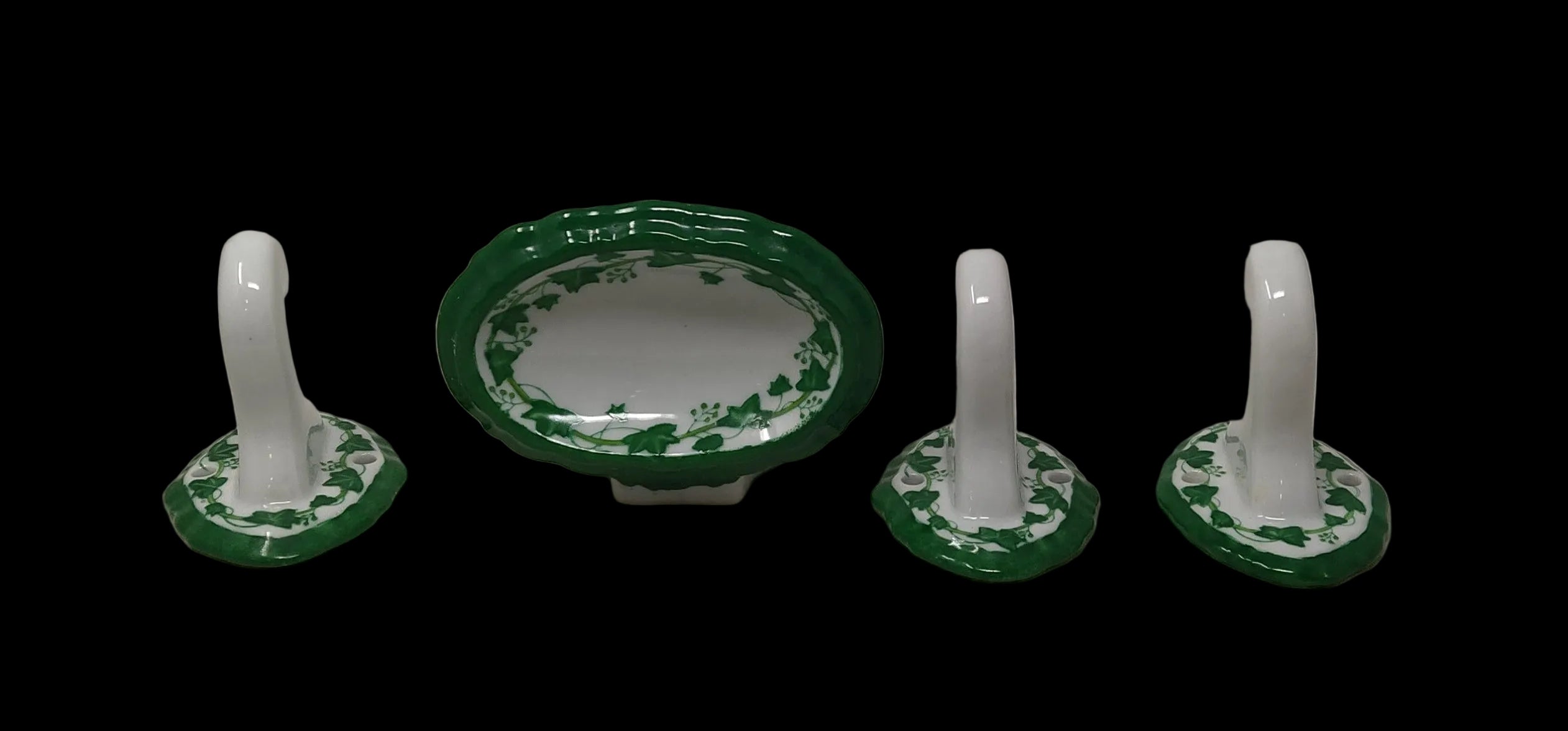 Set Ceramica Porta Sapone + 3 Ganci Bianchi Effige Foglie Da Fissare O Incollare A Muro