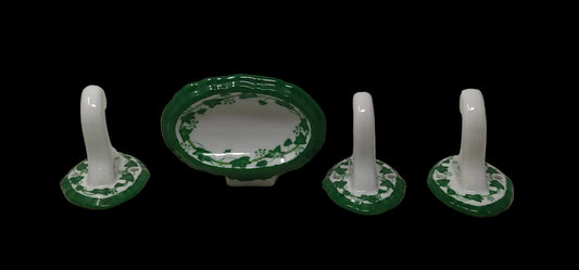 Set Ceramica Porta Sapone + 3 Ganci Bianchi Effige Foglie Da Fissare O Incollare A Muro