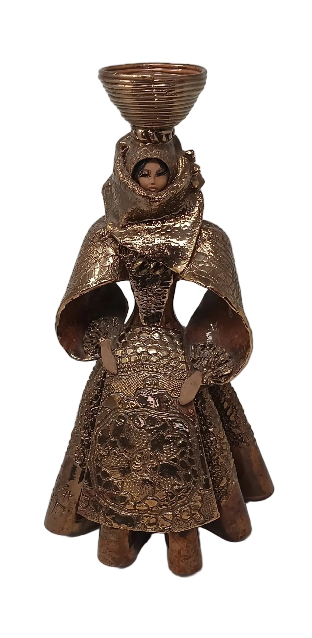 Scultura Donna In Costume Sardo Terracotta Finiture Color Bronzo H 35cm