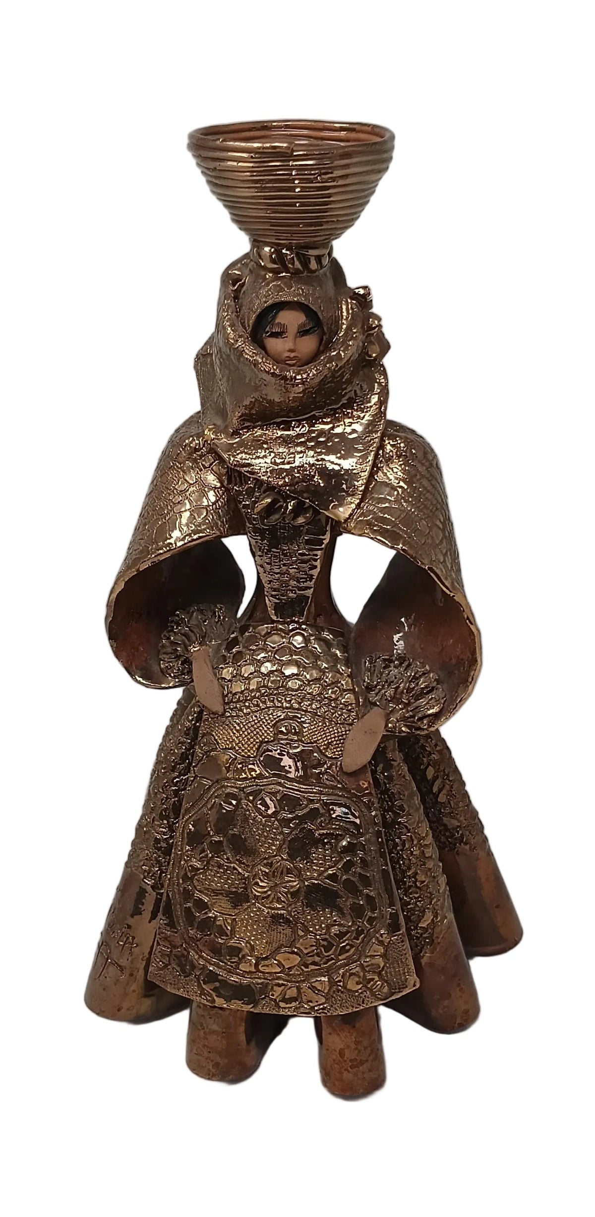Scultura Donna In Costume Sardo Terracotta Finiture Color Bronzo H 35cm