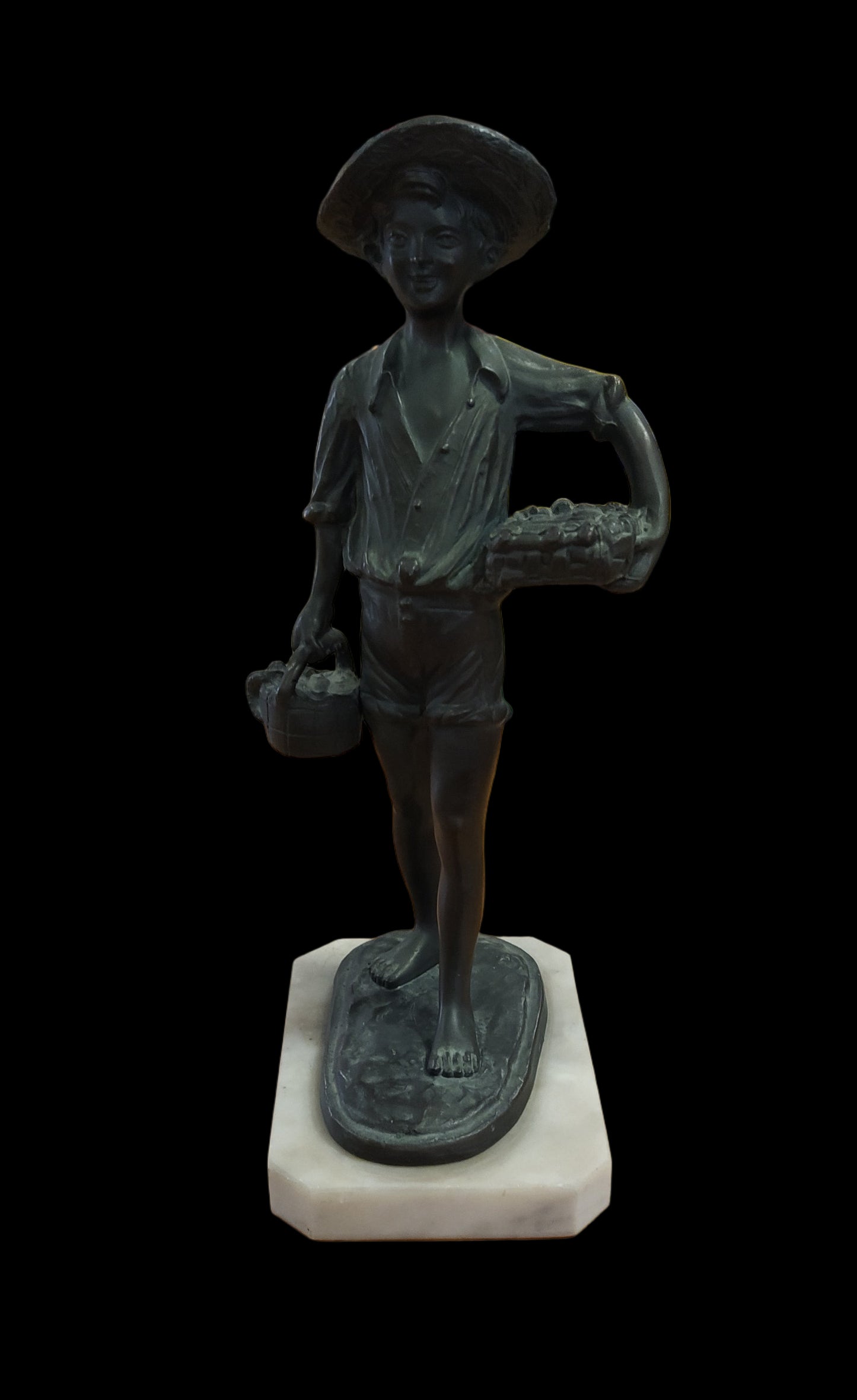 Scultura Laminata In Bronzo Bambinello Base Marmo H 36cm