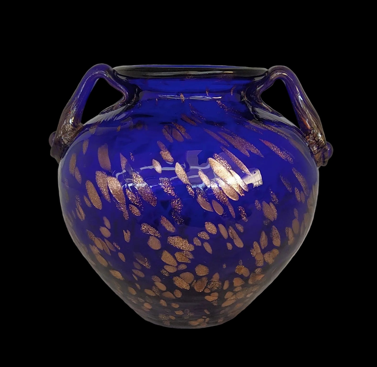 Vaso Vetro Murano Con Manici Blu Macchie Dorate H 12cm