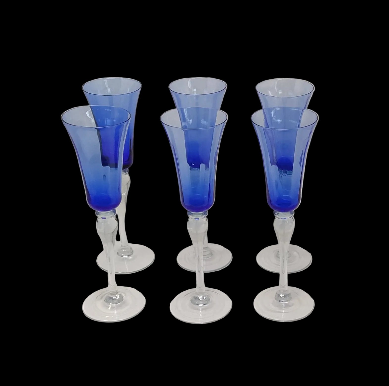 6 Flute Vetro Trasparenti E Blu Cobalto