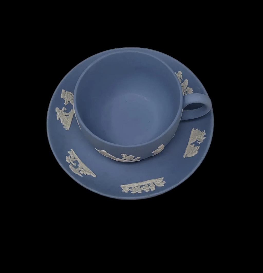 Wedgwood Jasper Tazza E Piattino Ceramica Blu Con Effigi Greche Bianche