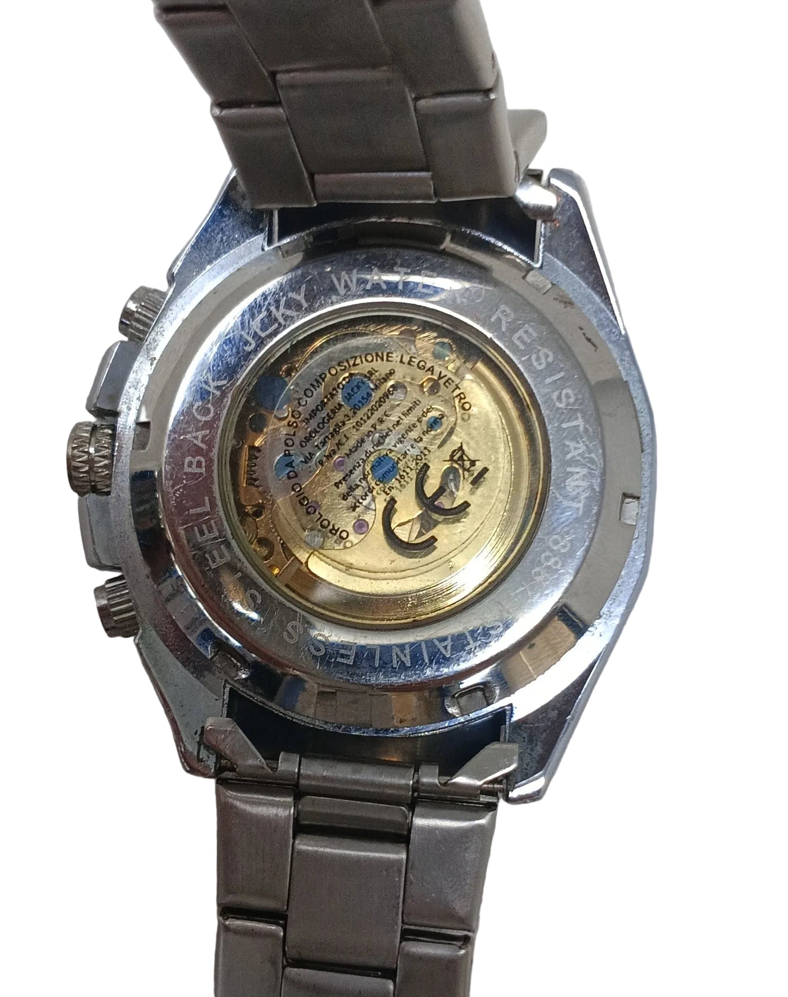 Jcky Time Orologio Automatico Cinturino Acciaio Ingranaggi Dorati Quadrante Blu/grigio