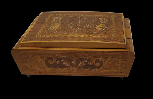 Porta Gioie In Legno Intarsiato Con Ballerina Carillon Antico Funzionante