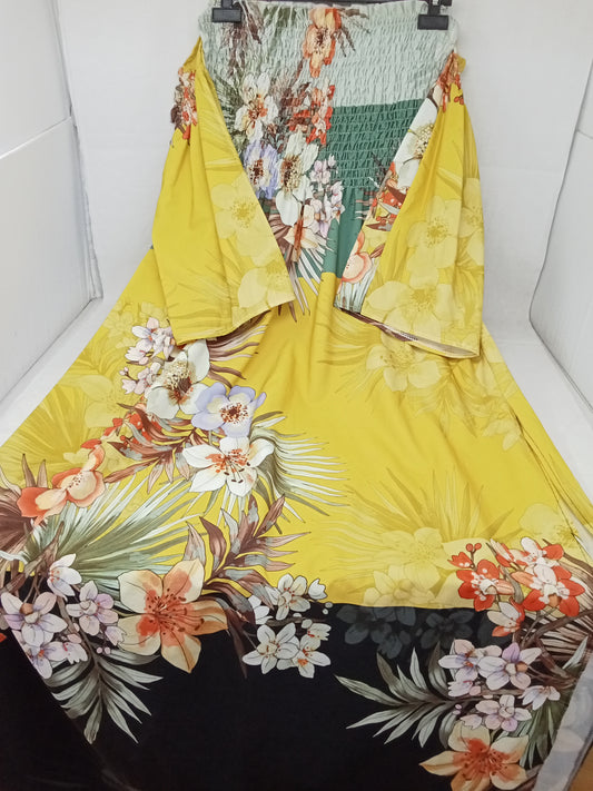 New Collecction Abito Raso Verde Nero Fiori Tu