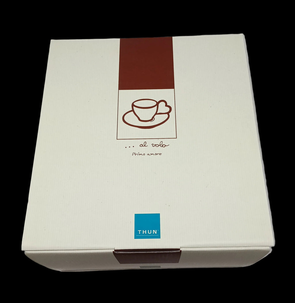 Thun Caffè Al Volo Primo Amore Tazza Da Cappuccio + Piattino + Piatto Dessert Con Scatola Nuovo