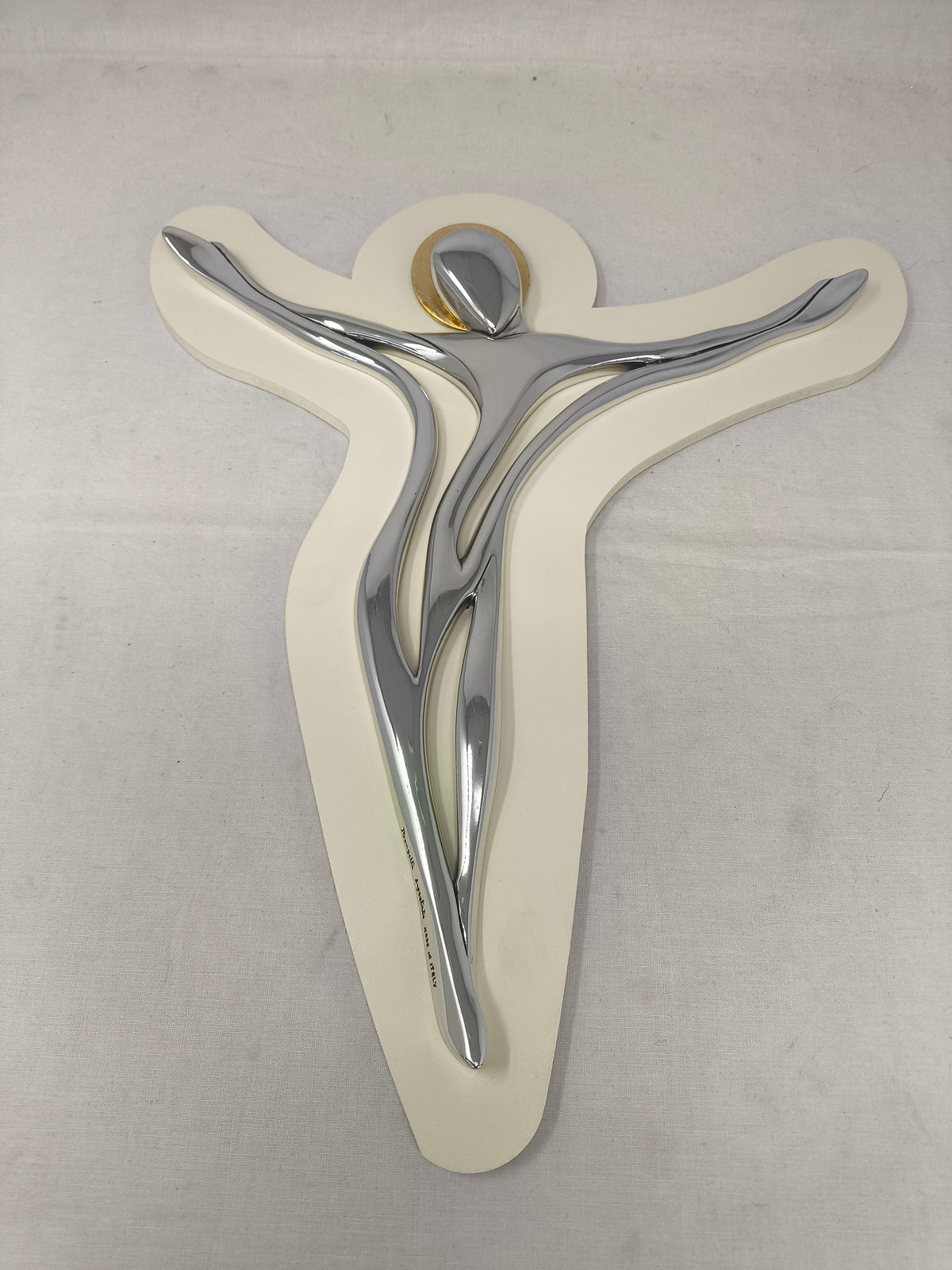 Crocifisso Stilizzato H. 40 Cm  Base Legno E Cristo In Metallo Argentato. Nuovo Con Scatola