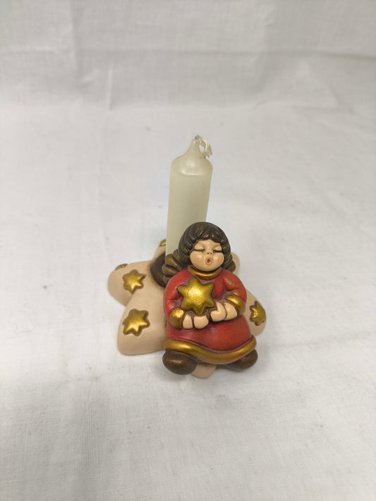 Thun Angioletto Rosso Su Stella Portacandela Con Stella D'oro H.7cm