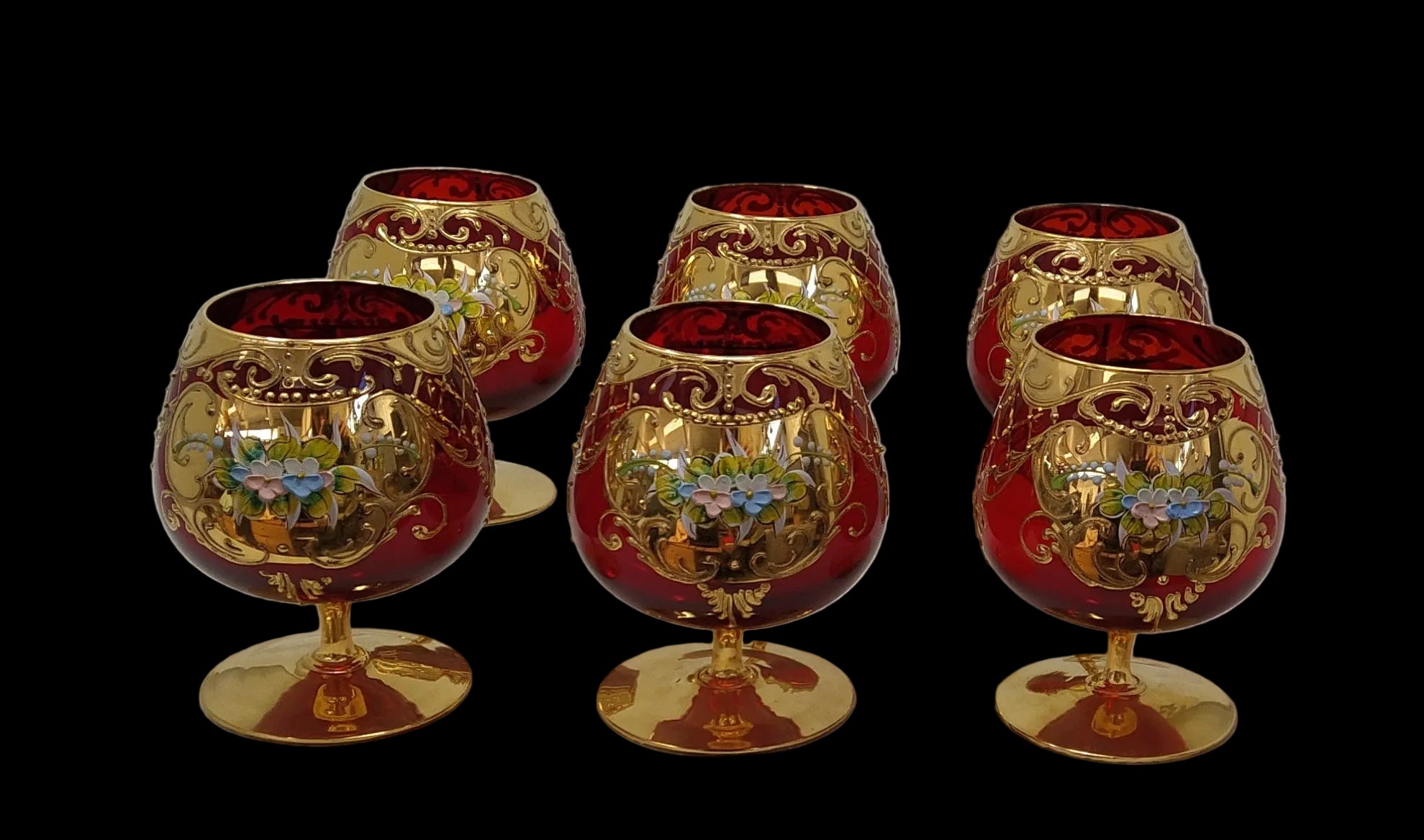 6 Calici Brandy Vetro Murano Rosso Decorazioni Oro E Fiori