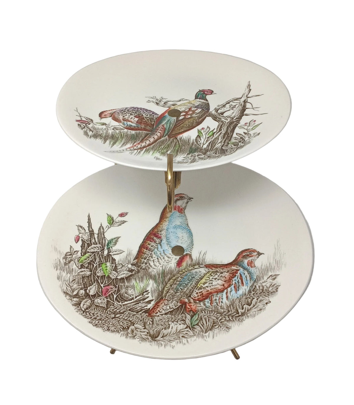 Johnson Brothers Game Birds Alzata Due Piani Ceramica Struttura Ottone Vintage