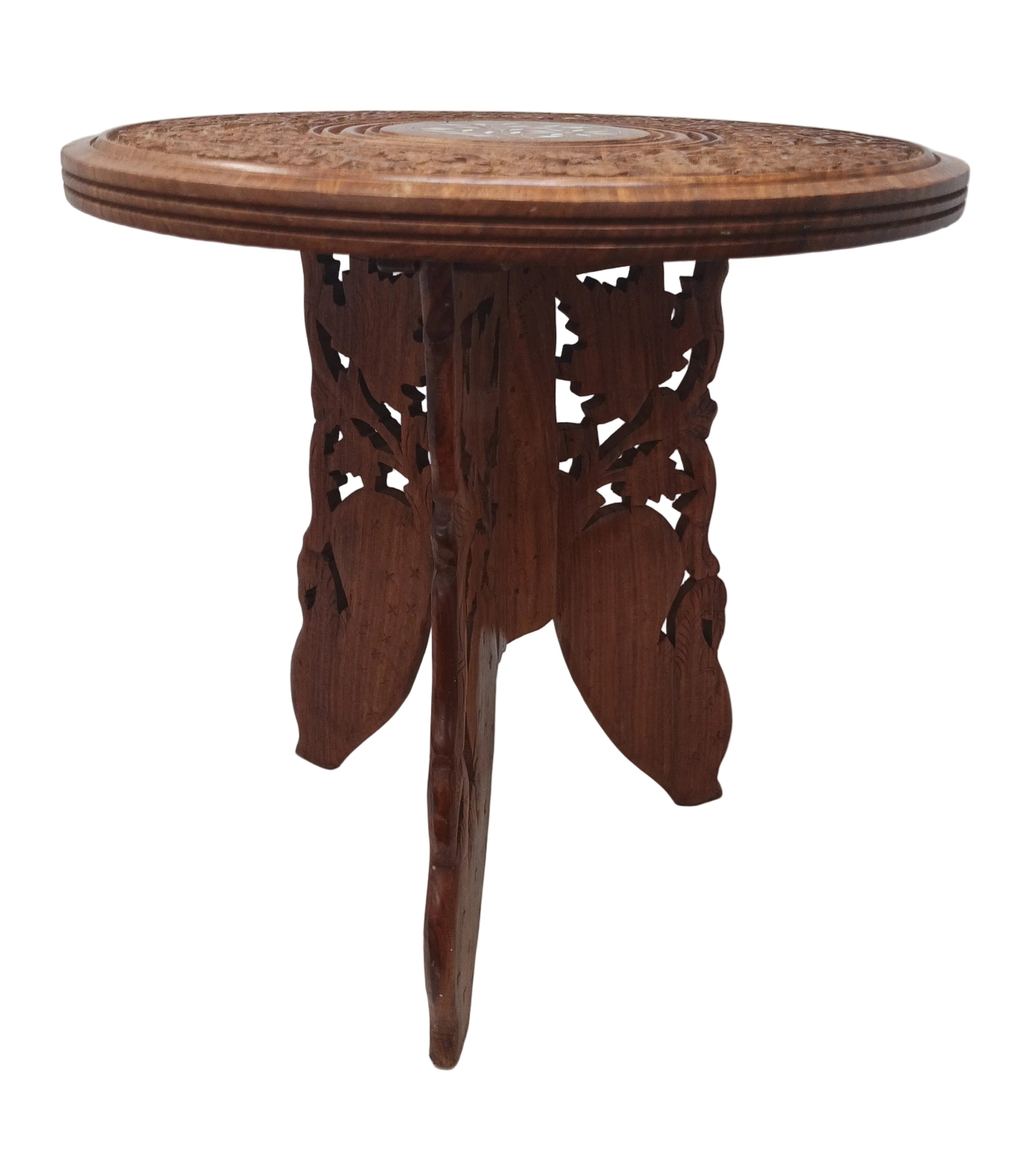 Micro Tavolino In Teak Intarsiato H.30cm ø 30cm