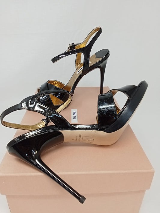 Miu Miu Sandalo In Vernice Con Tacco Nero 38 Nuovi Con Scatola