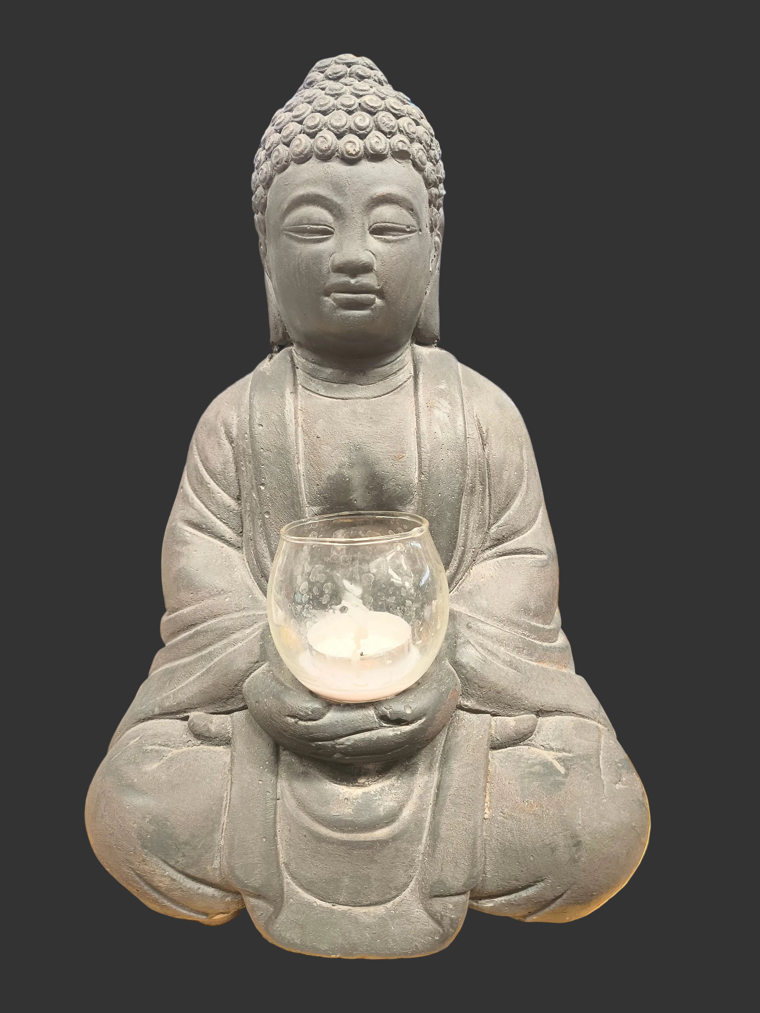 Scultura Buddha Grigio Con Candela 34cm