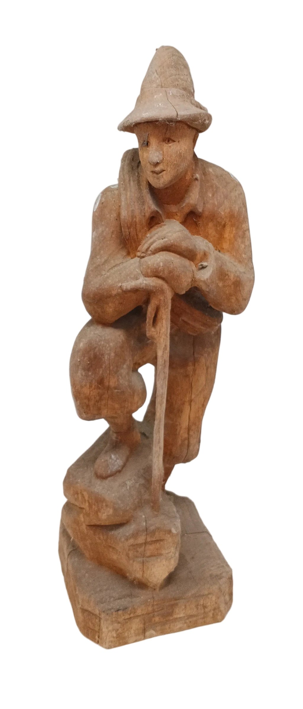 Scultura Legno Uomo Con Bastone H 34cm