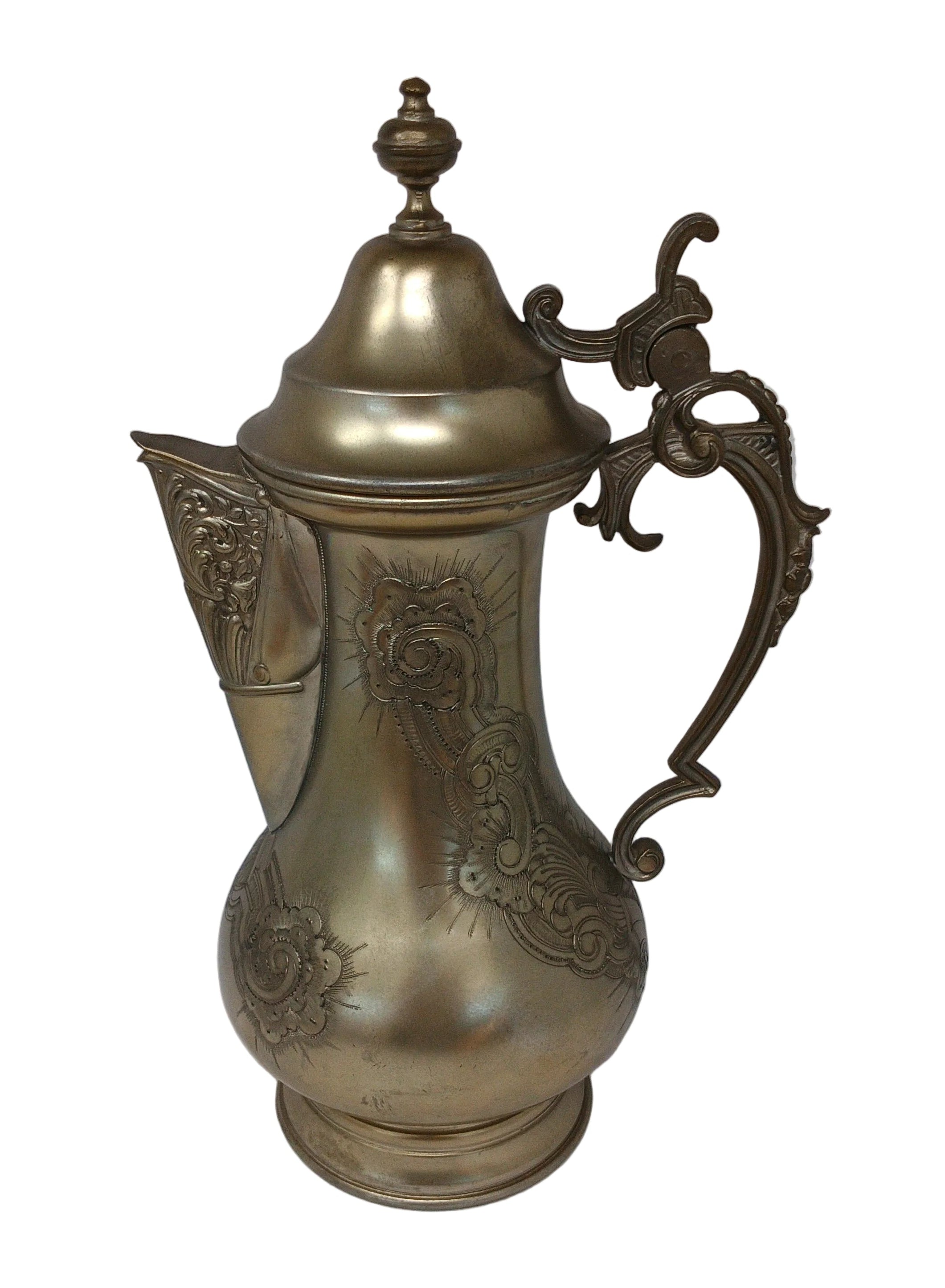 Brocca Peltro Decorata Con Coperchio H 33cm