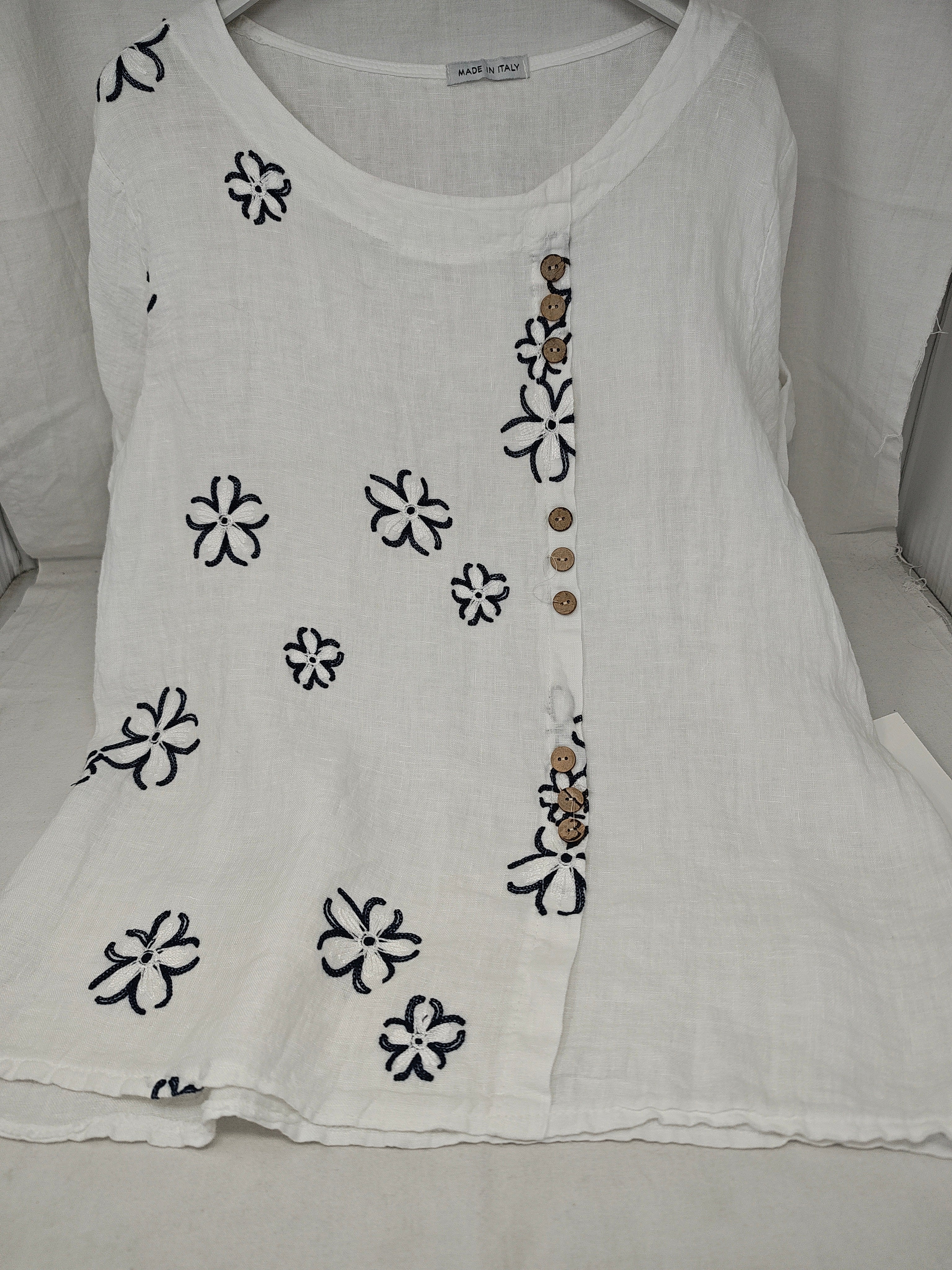 Made In Italy Camicia In Lino Bca Ricamo Fiori L