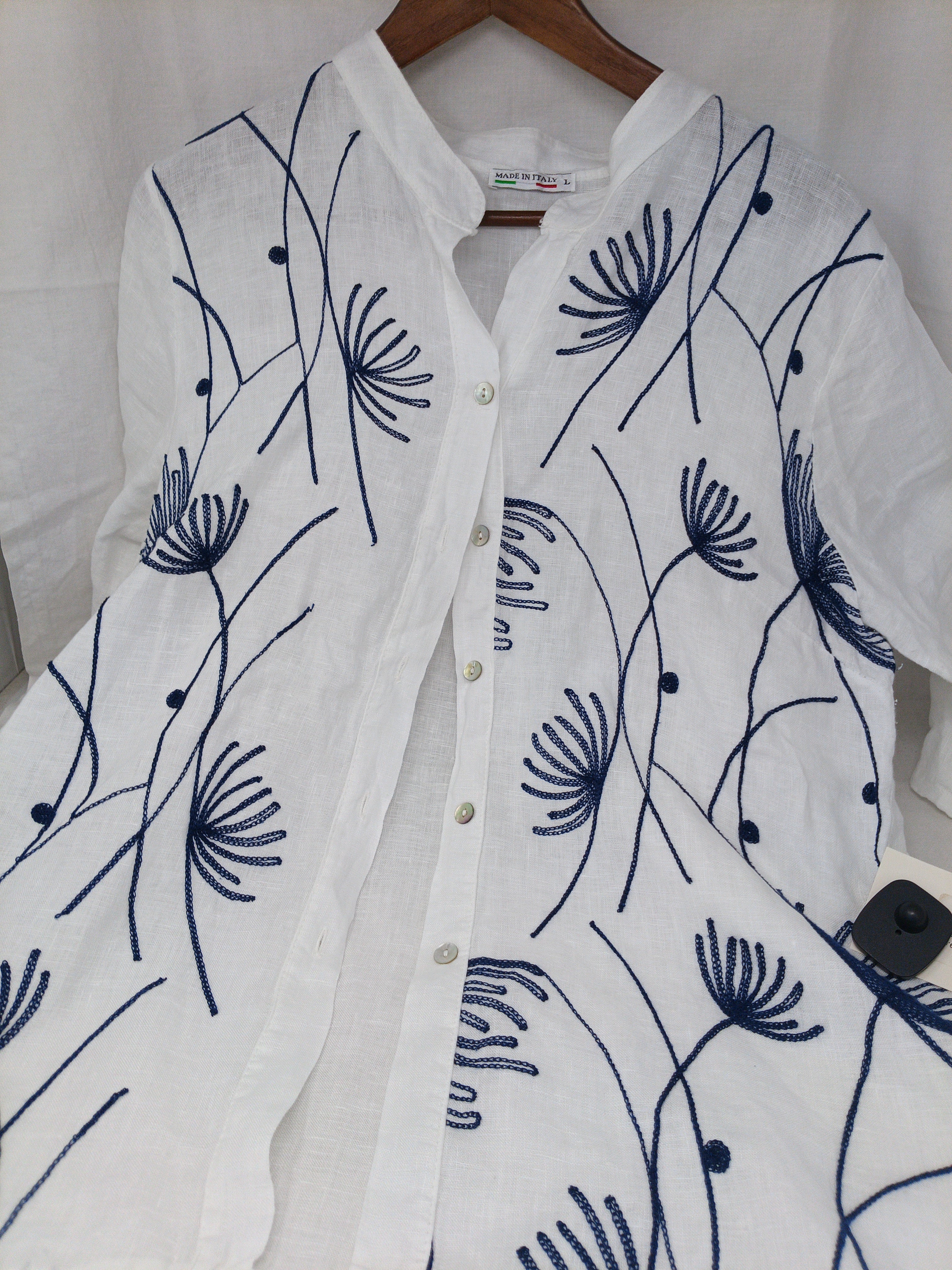 Made In Italy Camicia Bca Blu Ricamo In Lino L