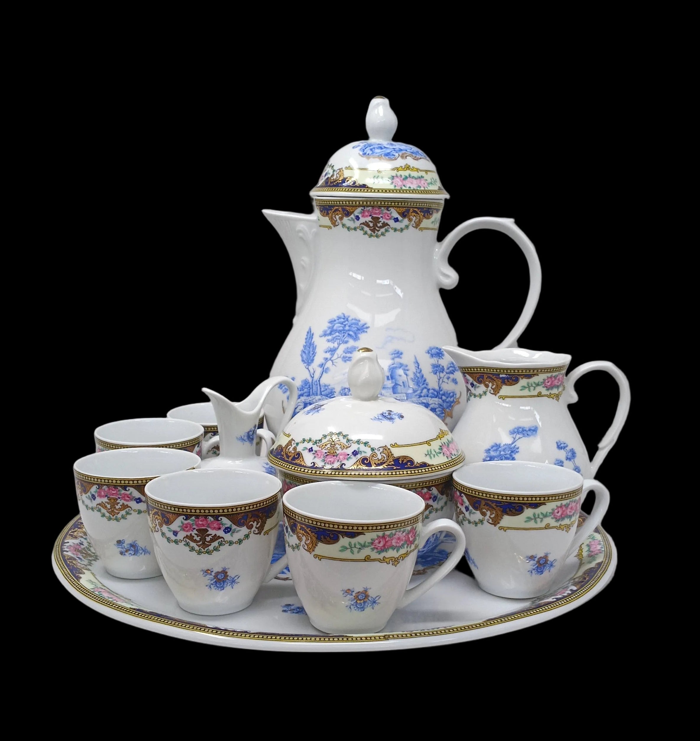 Depos Limoges Servizio The Ceramica 6 Tazzine + Vassoio + Teiera + Zuccheriera + 2 Brocche Latte