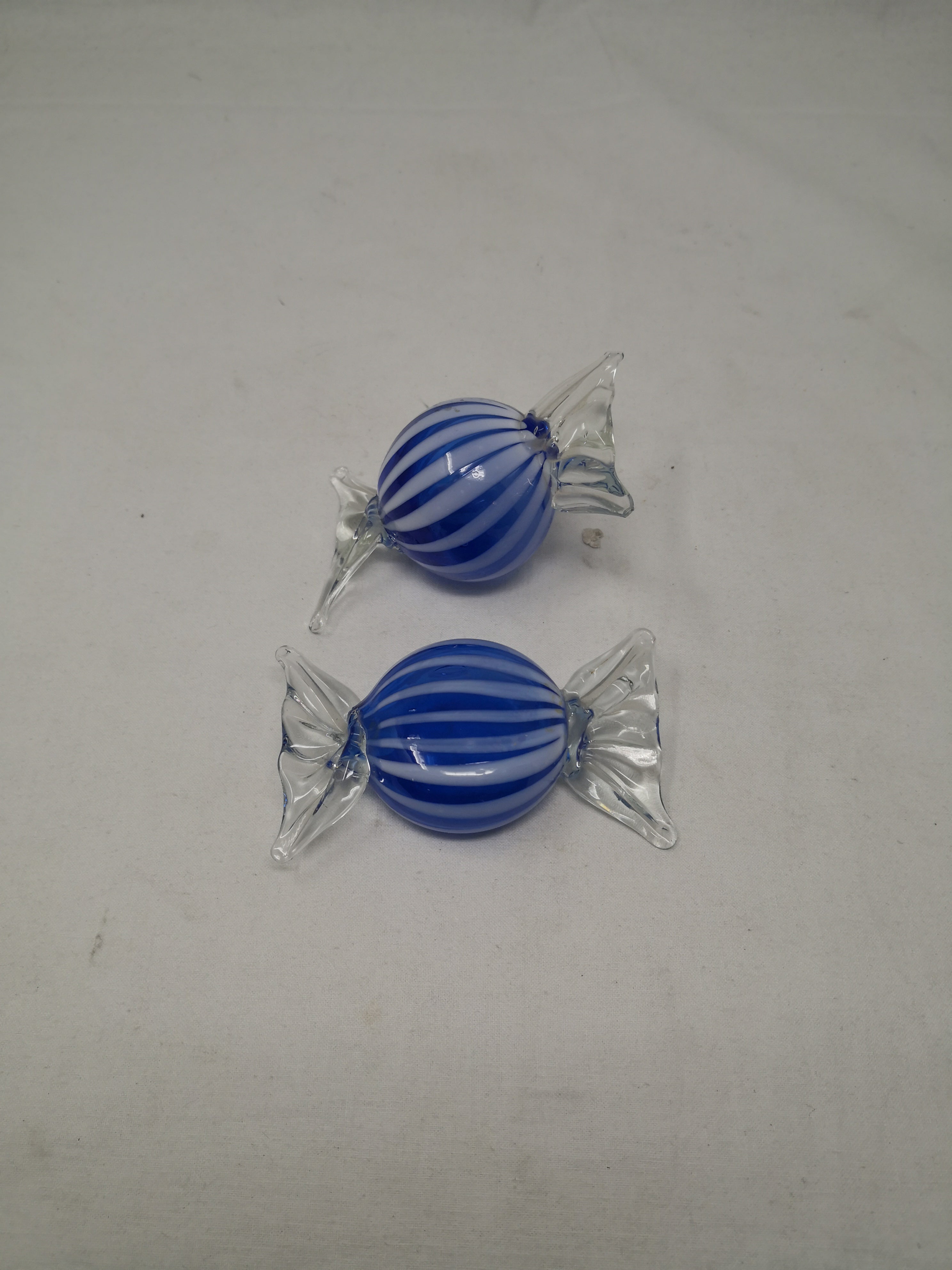 _coppia Caramella Vetro Murano Tonda/appiattita Strisce Blu Grandi