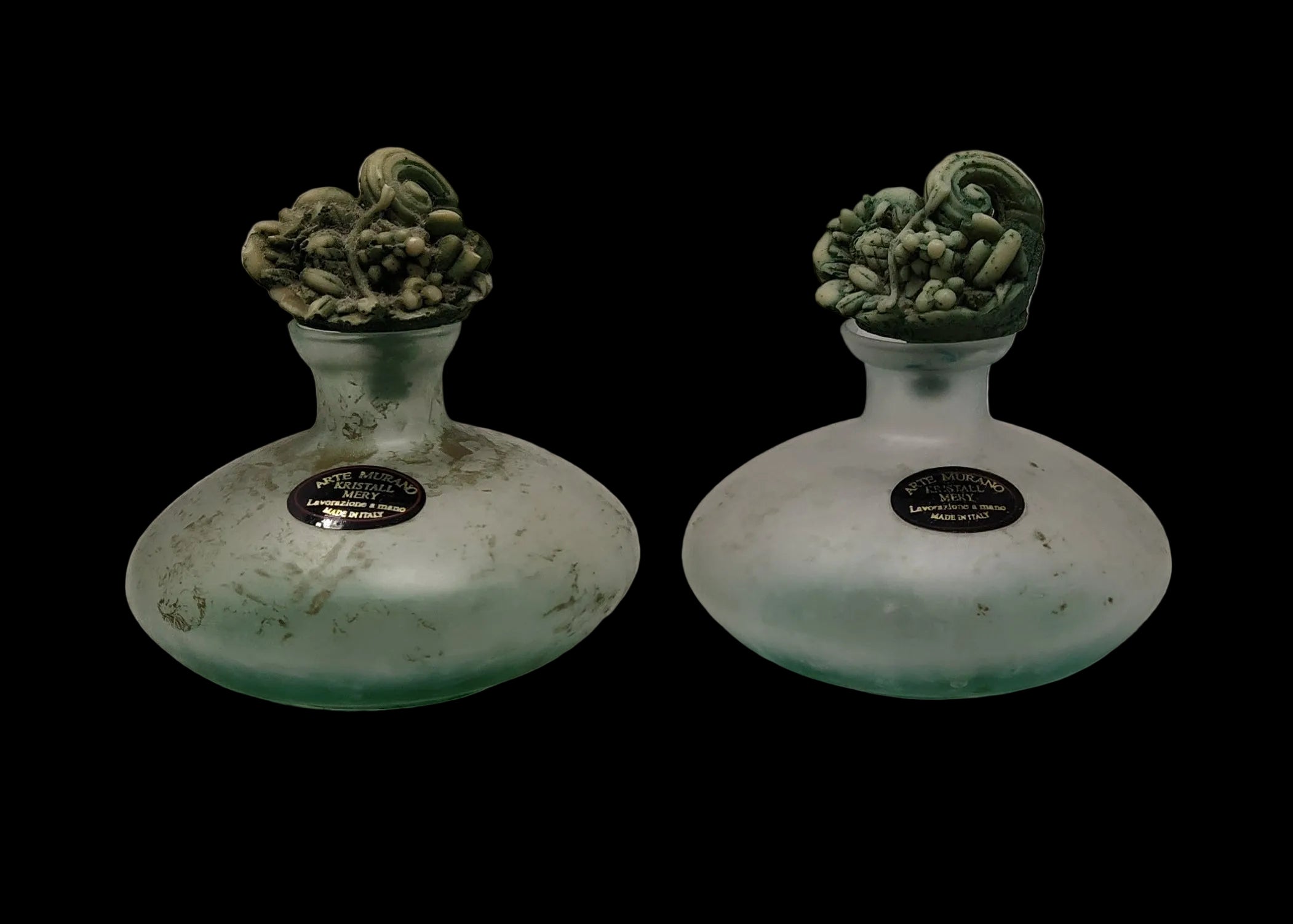_coppia Boccette Vetro Murano Tappo Resina Effige Fiori H 10cm