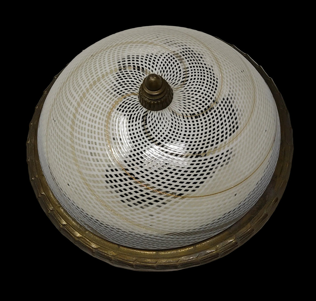 Plafoniera Vetro Murano Reticello E Avventurina Base Ottone Bronzato Anni '40