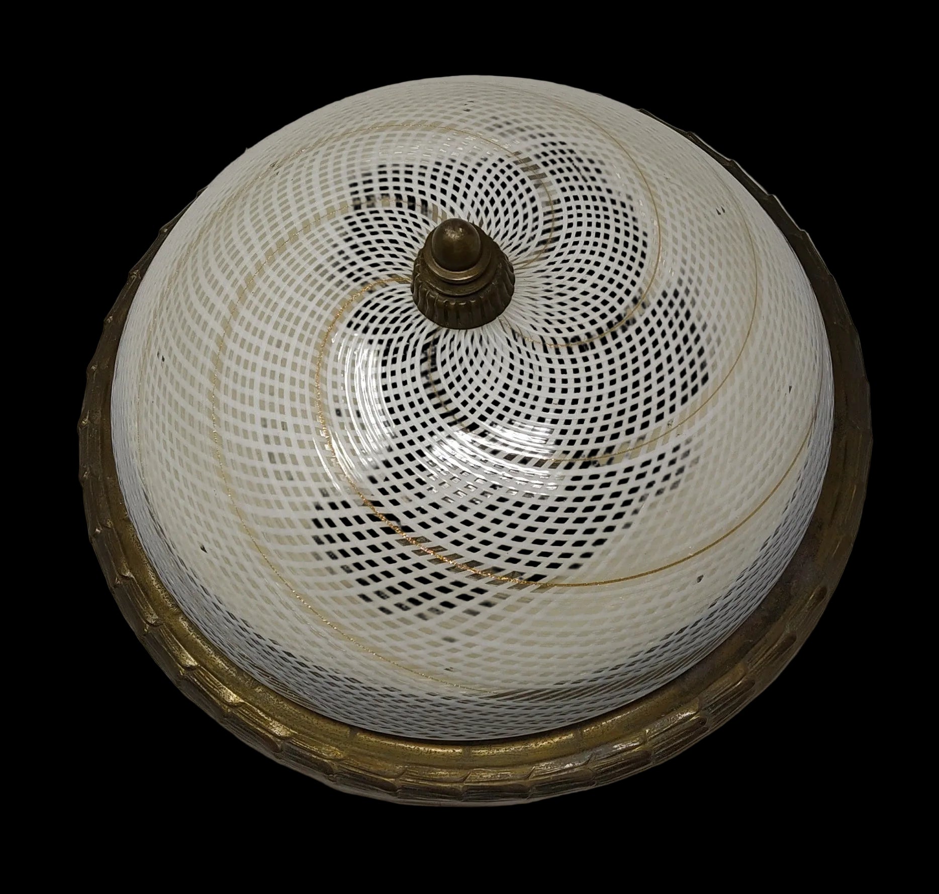 Plafoniera Vetro Murano Reticello E Avventurina Base Ottone Bronzato Anni '40