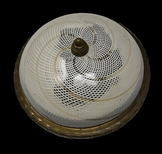 Plafoniera Vetro Murano Reticello E Avventurina Base Ottone Bronzato Anni '40