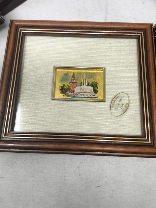 Quadretto Cornice Legno Paesaggio  A Colori Su Foglia Oro 23kt Nuovo  19x17