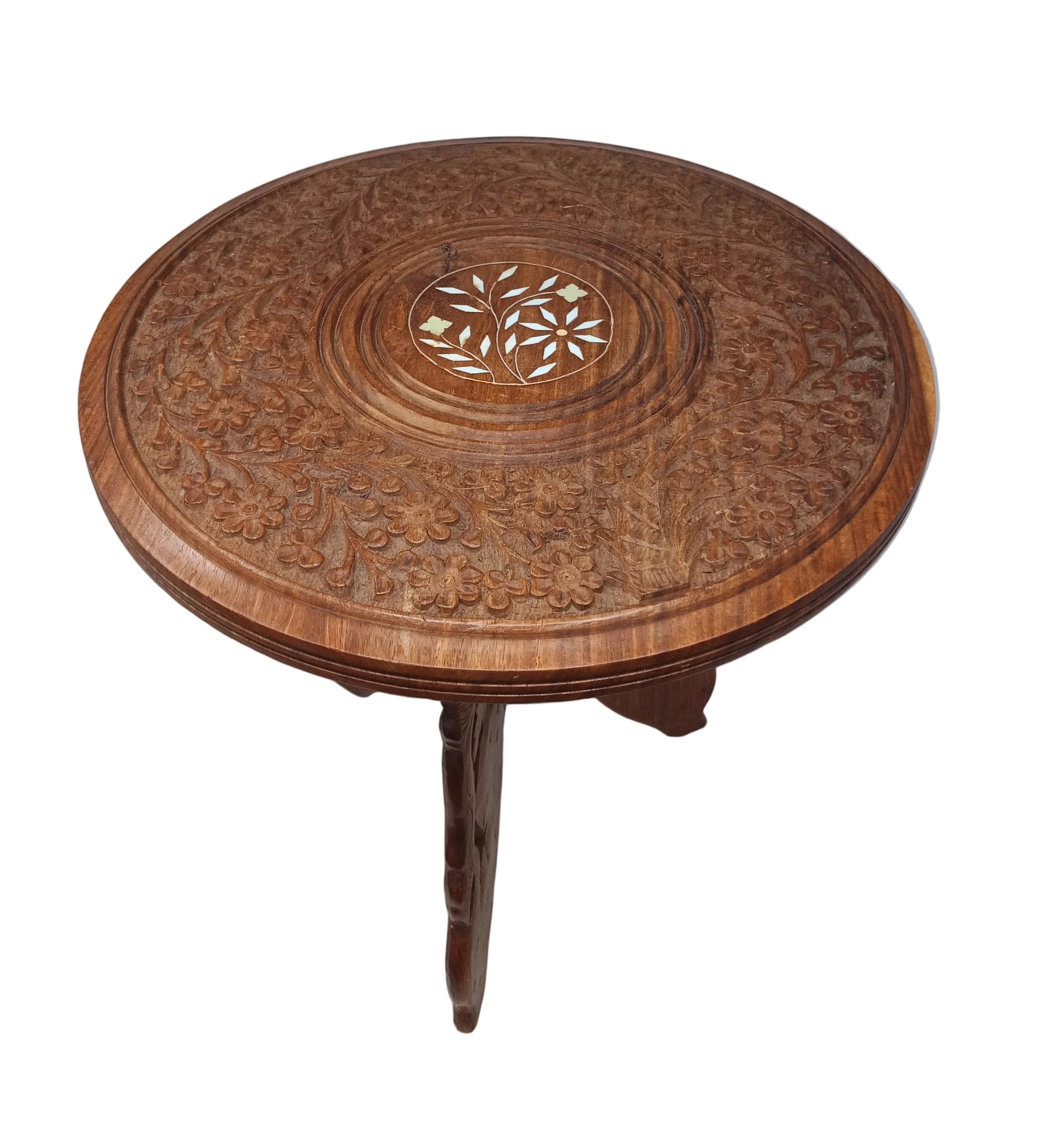 Micro Tavolino In Teak Intarsiato H.30cm ø 30cm