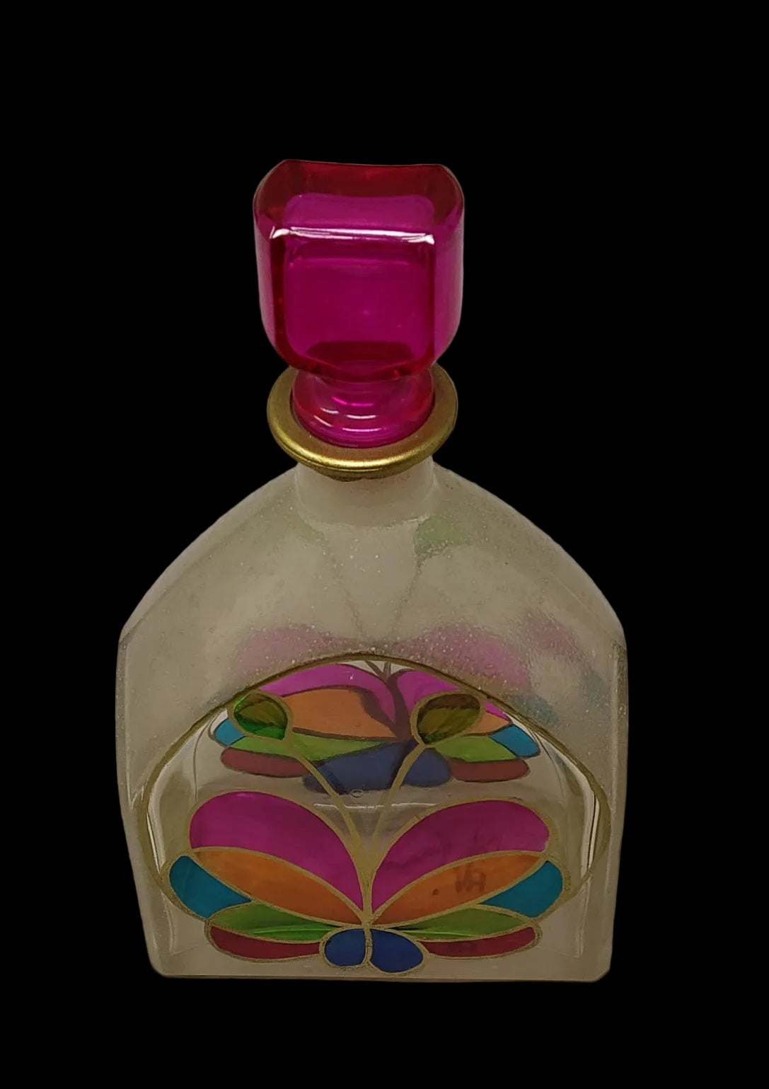 _bottiglia Vetro Dipinta A Mano Con Tappo Effige Fiore Colorato Bordo Oro H 26cm